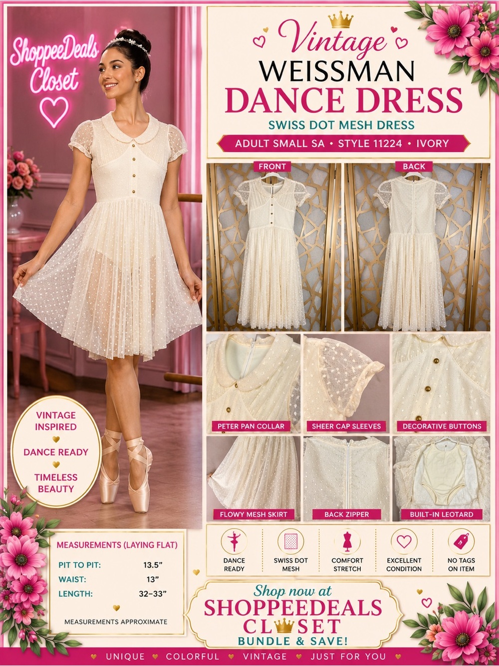 Weissman Ivory Swiss Dot Mesh Dance Costume Dress Adult Small SA